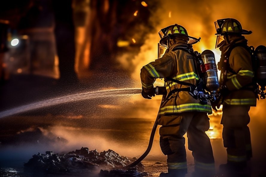 Volunteer firefighter in turnout gear standing by a fire truck during emergency response