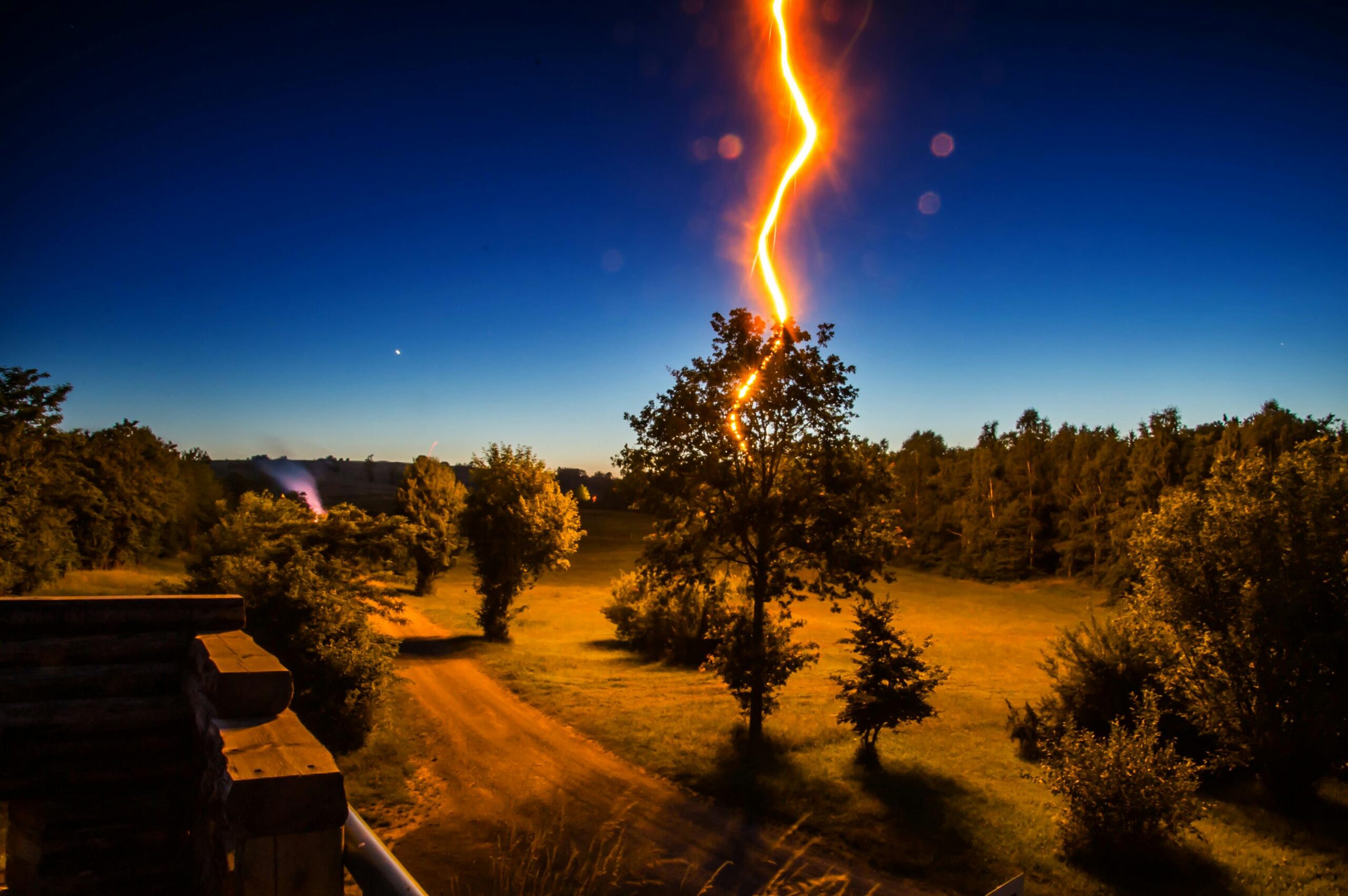 Dramatic night photo of a bright, glowing lightning bolt striking a tree in a forest clearing, illustrating the power of a thunderstorm