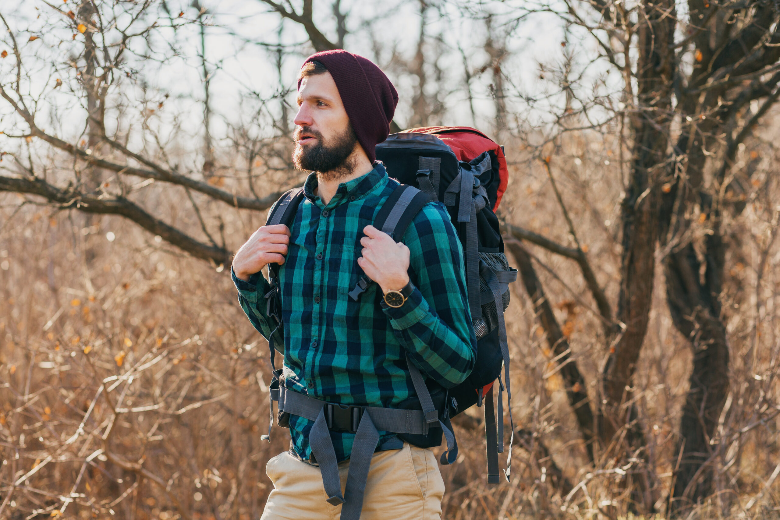 A bearded hiker wearing a plaid shirt, beanie, and a large red and black backpack pauses to look into the distance while trekking through dry woods or a brush landscape