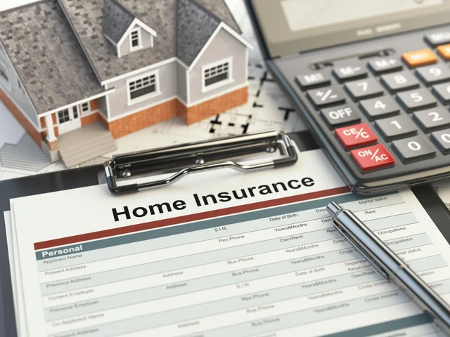 Home insurance policy document with a small house model and calculator, representing property coverage, homeowners insurance quotes, and financial protection for homes