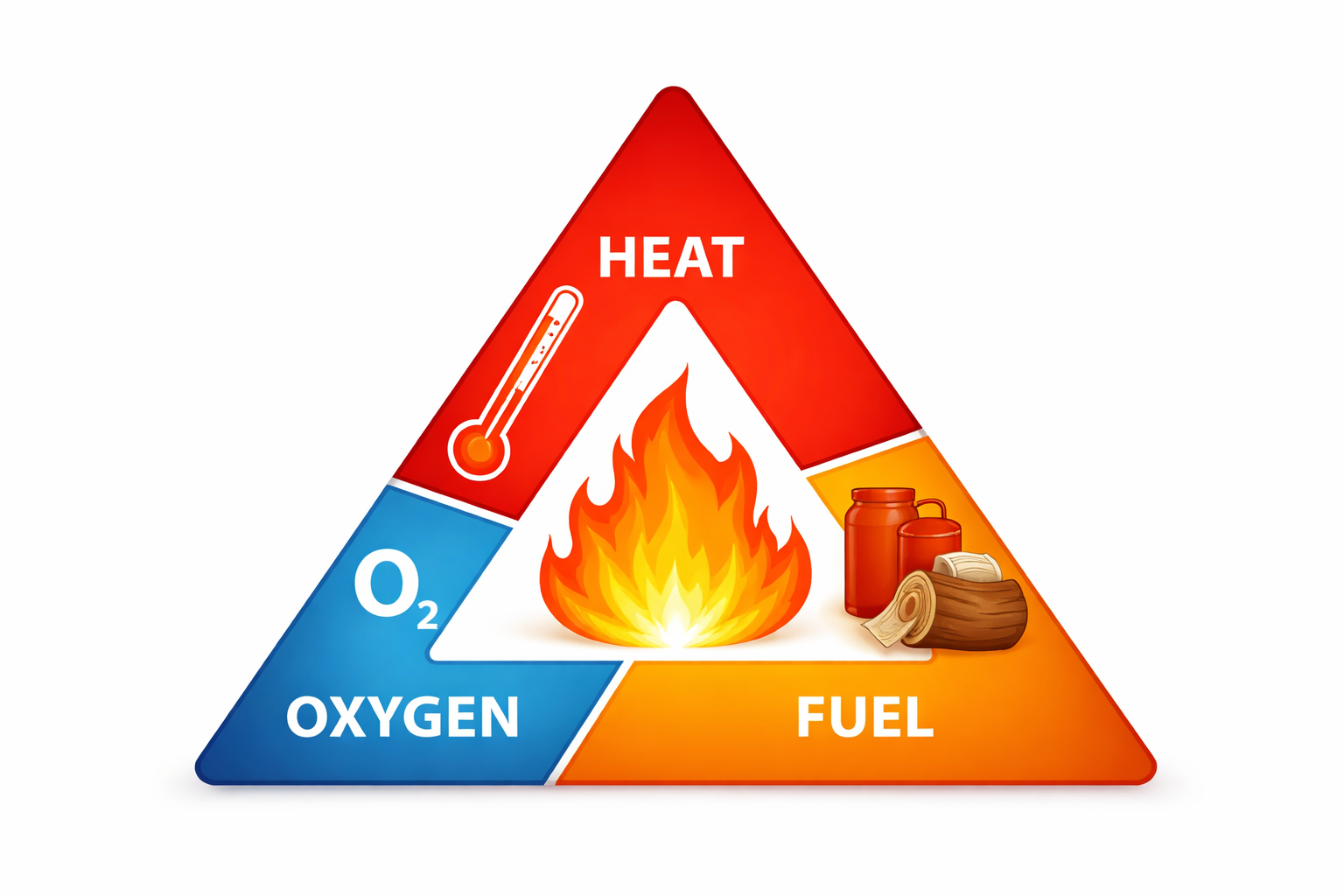Fire Triangle infographic showing the three components of fire: heat, oxygen, and fuel, representing basic fire safety and combustion principles