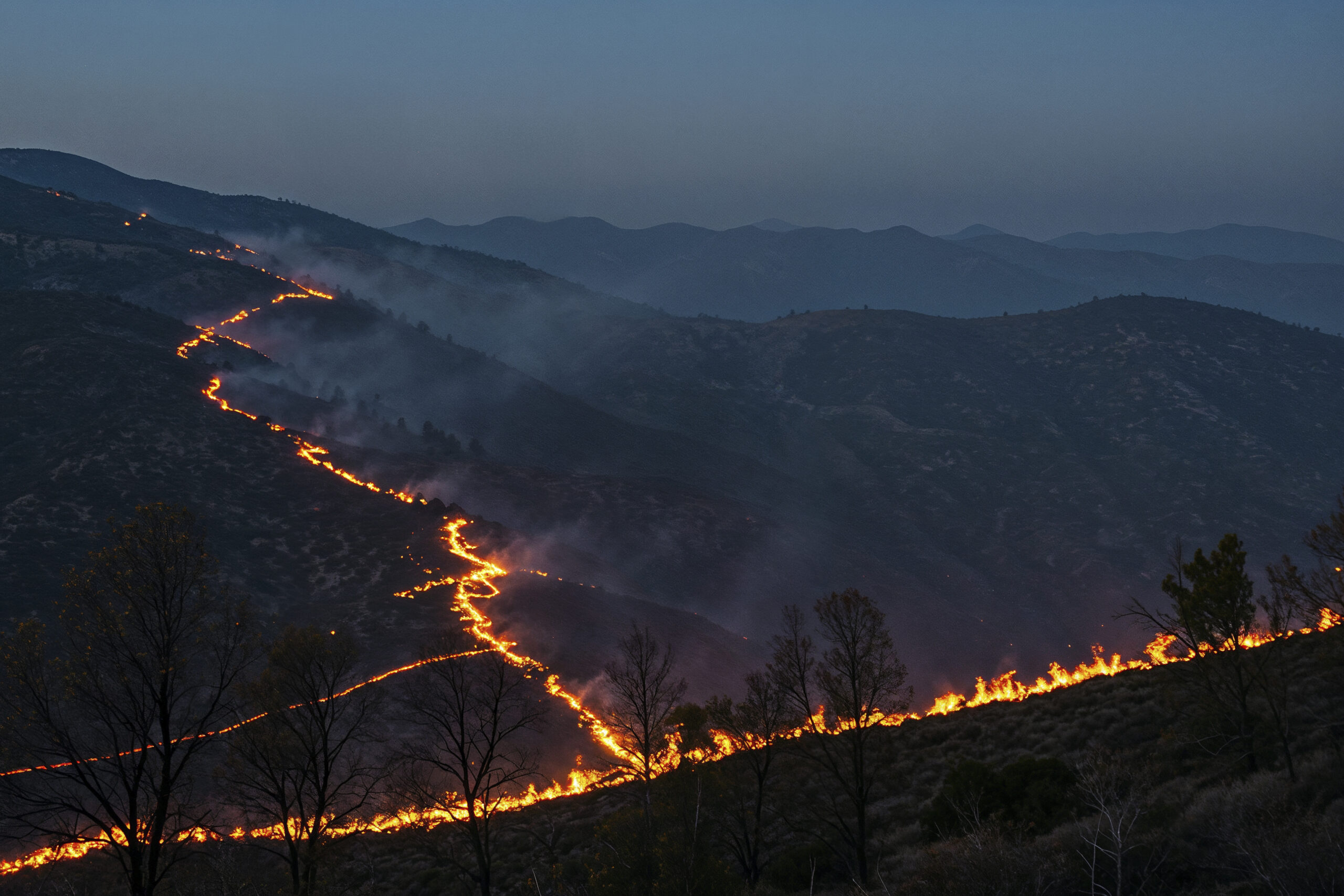 Wildfire burning across mountain slopes at night, representing emergency disaster situations and environmental conservation concerns