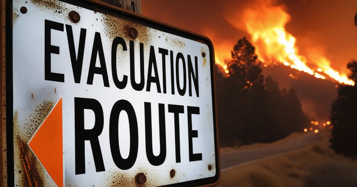 Evacuation route sign with active wildfire burning in background, representing emergency evacuation, wildfire disaster response, public safety, and escape route planning