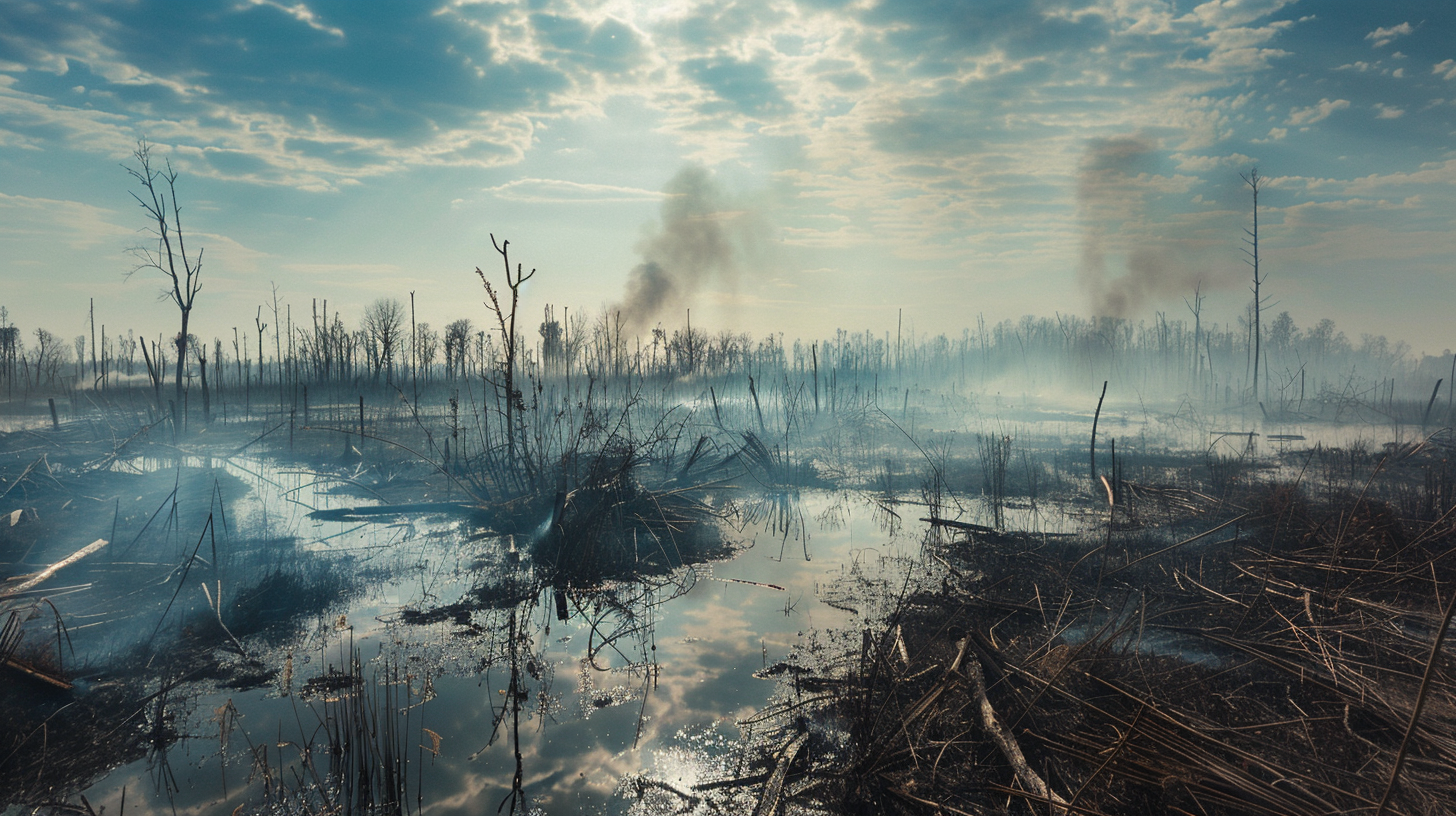 Post-wildfire wetland landscape with charred trees, smoke, and reflective water, illustrating environmental destruction, habitat loss, and ecosystem impact after forest fire