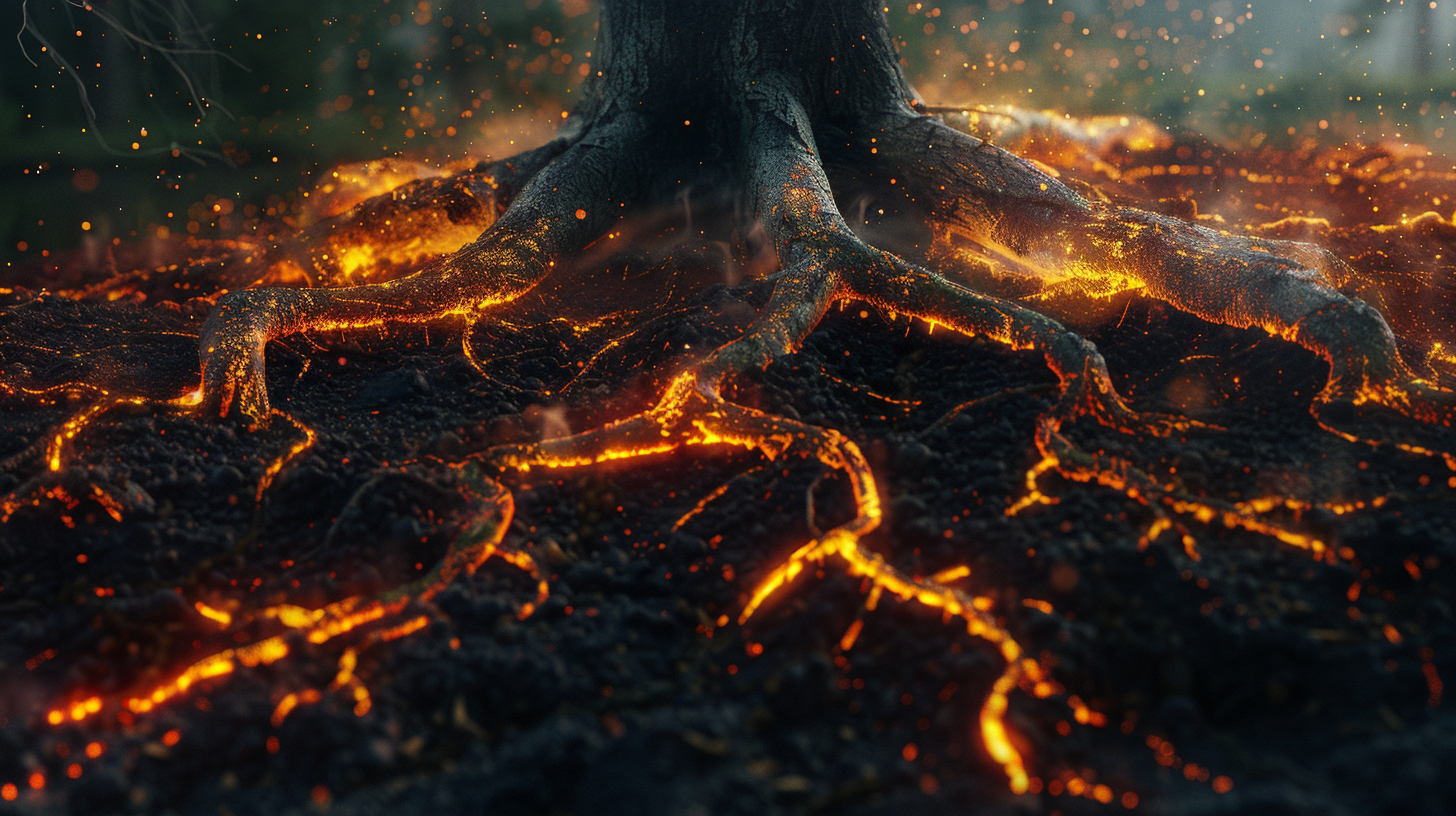 Tree roots glowing with underground wildfire heat and embers, illustrating hidden fire spread, soil burning, and environmental damage beneath forest surface