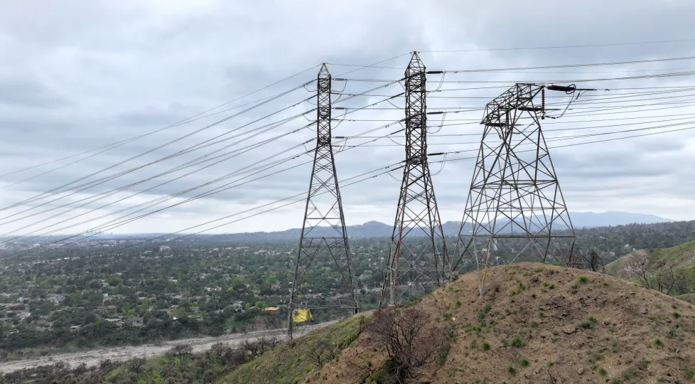 Utility power lines running through a snow-covered forest, representing winter storm preparedness, electrical infrastructure, power outage risks, and emergency planning during severe weather conditions.